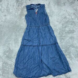 Lands’ End Lyocell Tiered Midi Dress M Blue Elastic Waistband d0355
